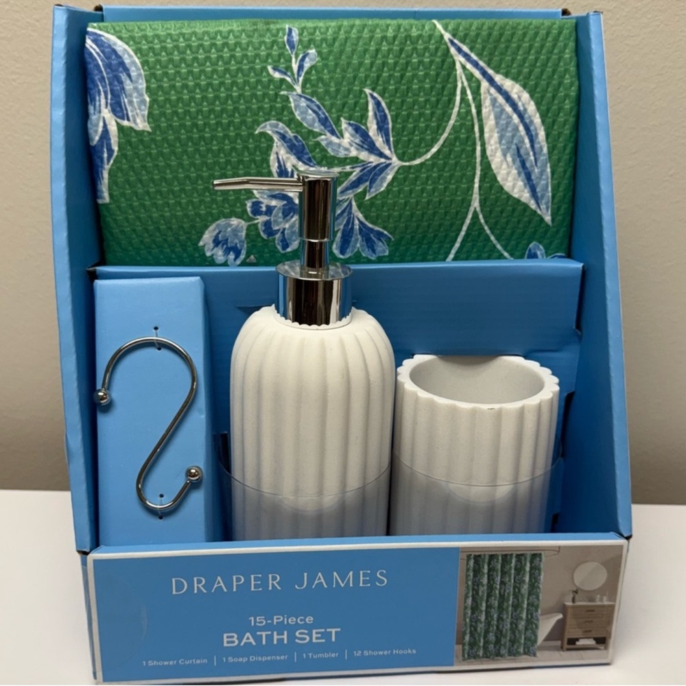 Draper James 15-Pc Bath Set Green & Blue Shower Curtain, Soap Dispenser, Tumbler